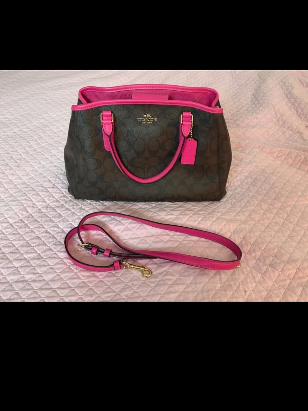 Coach Brown Signature Satchel with Bright Pink Trim and Strap
